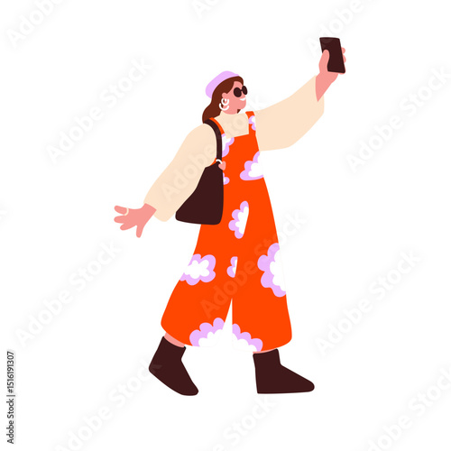 Young woman walking and taking selfie photo. Modern style female, holding smartphone, smiling and capturing photograph, picture with mobile phone. Flat vector illustration isolated on white background