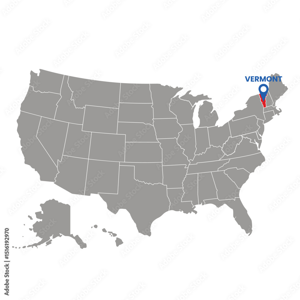 Obraz premium Gray map of United States highlighting Vermont state with location pin symbol. Great for geography and travel themes.