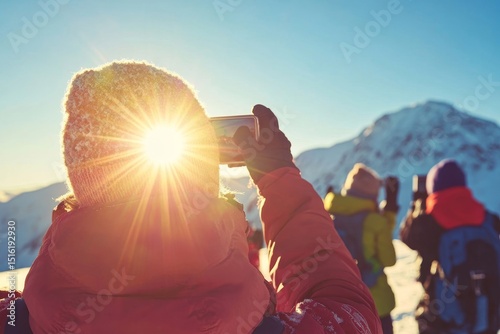 Ski, snow sun and fun - family on ski holiday taking picture