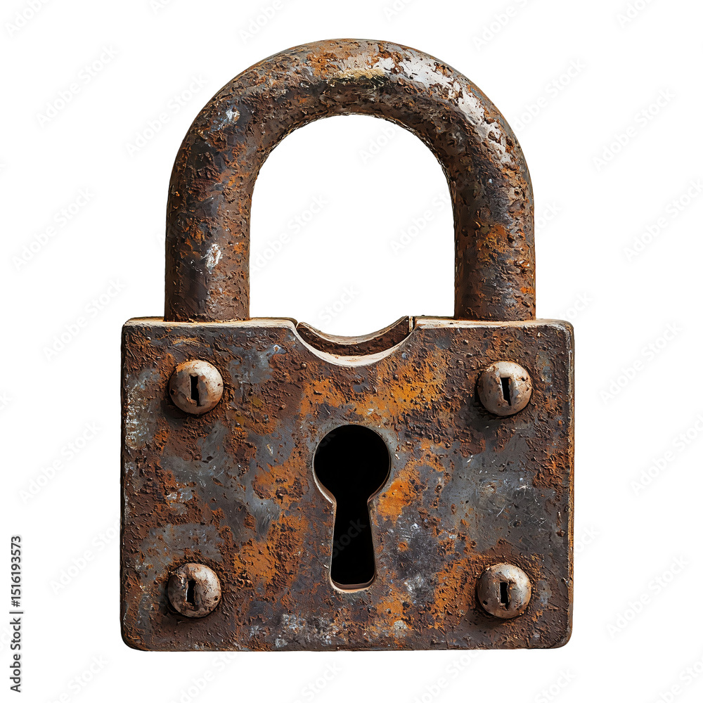 A rusty padlock with visible wear and tear against a plain backdrop isolated on transparent bacground A rusty padlock with visible wear and tear against a plain backdrop isolated on transparent bacground