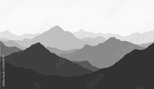 a minimalist vector illustration of layered mountain ranges in grayscale. The design should feature soft gradients and overlapping silhouettes to convey depth, with the closest mountains in dark gray