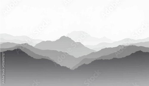 a minimalist vector illustration of layered mountain ranges in grayscale. The design should feature soft gradients and overlapping silhouettes to convey depth, with the closest mountains in dark gray