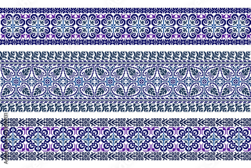 Pixel art border embroidery pattern. Repeating Baroque ornament pattern design with floral. Symmetrical and Clean, white background. For use as neckline embroidery, neckline design, print, textile.
