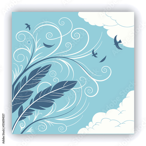 A wide shot of a vibrant, light blue sky filled with wispy, feathery clouds.  The clouds are various shades of white and light blue, with delicate, flowing lines and patterns.  The clouds appear to be