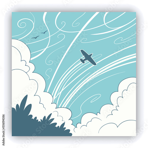 A wide shot of a vibrant, light blue sky filled with wispy, feathery clouds.  The clouds are various shades of white and light blue, with delicate, flowing lines and patterns.  The clouds appear to be