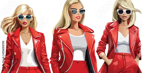 High fashion photo of a young blond woman in red glossy down jacket, pants, white top and sunglasses.