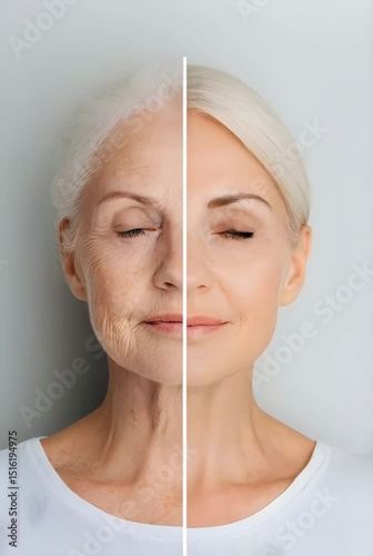 Woman features close up, split screen showing aging process and youthful skin. Anti age skincare treatment for aging concept. Cosmetic and beauty effects.