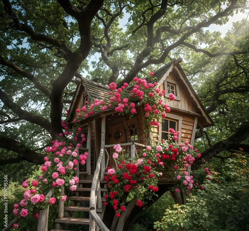 wooden tree house in jungle with beautiful roses