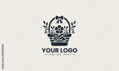 Beautiful flower basket tied with ribbon in detailed minimalist vector logo illustration for floral branding