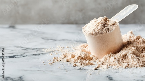 A single scoop of protein powder spilling onto a marble countertop for nutrition, with a white, clean, and bright background to showcase healthy lifestyle choices.