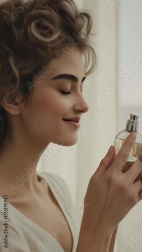 Attractive woman smelling perfume in a bottle, enjoying the fragrance. Cosmetic product for body care and beauty industry concept