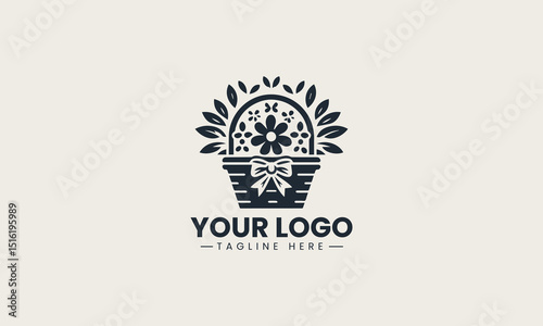 Floral basket with decorative ribbon and blooming flowers in soft and charming vector logo illustration