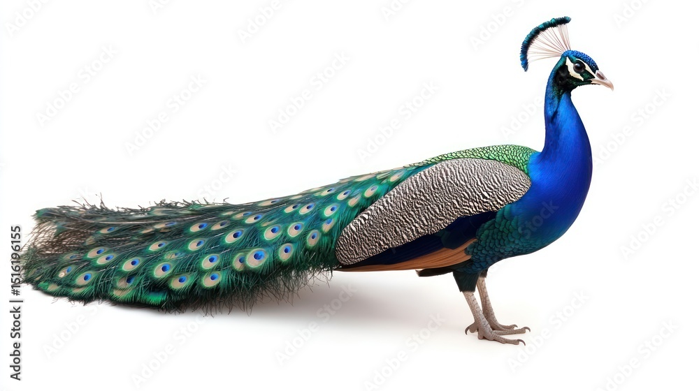 Fototapeta premium Standing Peacock Displaying Vibrant Plumage on White Background for Stock Photography