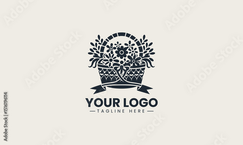 Floral basket with decorative ribbon and blooming flowers in soft and charming vector logo illustration
