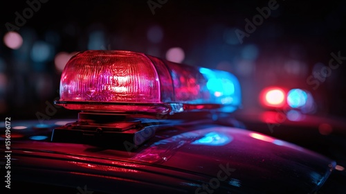 Flashing police car siren lights at night. Vibrant red and blue colors against dark background. Emergency services, law enforcement vehicles on duty. Crime scene investigation. Police car detail.