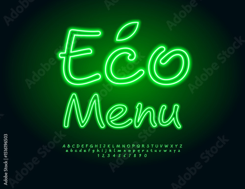Vector Vegan poster Eco Menu. Led Light Green Font. Funny Illuminated Alphabet Letters and Numbers set