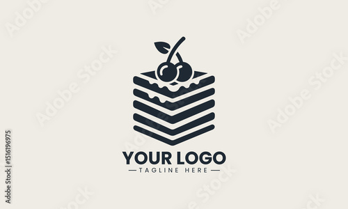 Stylized vector logo of a cake slice with icing layers and cherries for dessert branding
