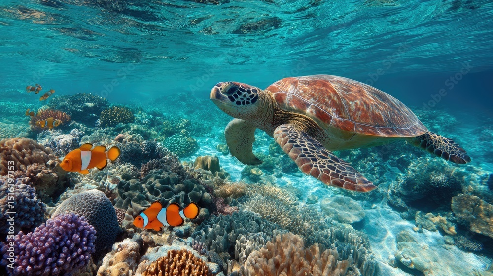 Fototapeta premium Sea Turtle and Clownfish in Coral Reef: A majestic sea turtle gracefully glides through a vibrant coral reef teeming with life, a clownfish peeking from its anemone home.