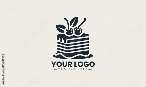 Vector logo of a cake slice with layers of icing and cherry toppings in minimalist illustration