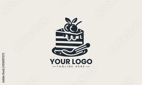 Delicious slice of cake with layered icing and cherries on top in vector logo illustration style
