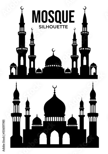 Silhouette Illustrations of Mosque Minarets and Domes in Elegant Black Design