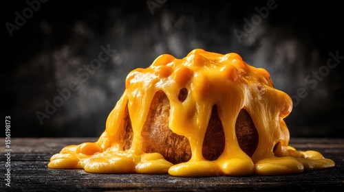A delicious baked potato generously smothered in a rich and melted cheesy sauce sits on a dark wooden surface with steam rising creating a mouthwate food image.