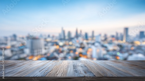 Wooden table with blurred city skyline background twilight sense of urban sophistication