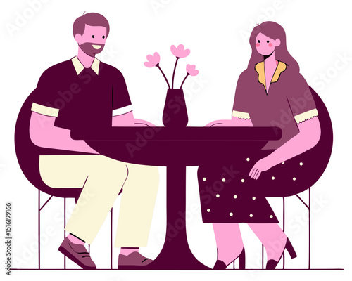 Vector Illustration Depicting a Man and a Woman Sitting at a Round Wooden Table, Each Holding a Cup