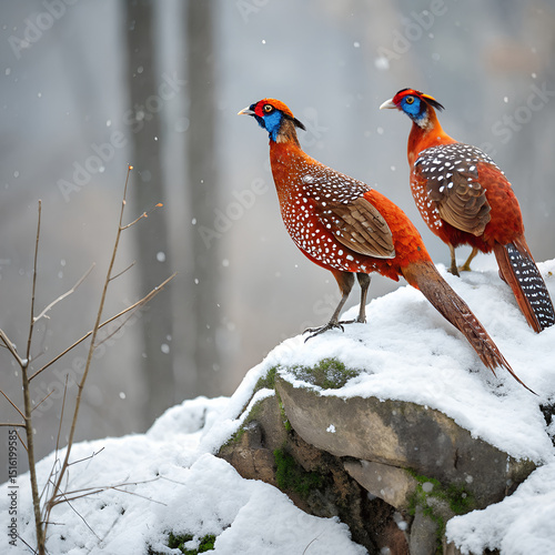 Two Cabot s Tragopan Pheasants Standing on Snow Covered Rocks in Winter photo