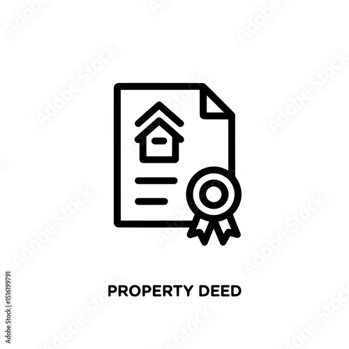 real estate logo , real estate icons , Property deed icon showing a document with a house and a seal in black line