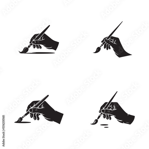Four black and white illustrations of hands holding paintbrushes, depicting the act of painting.
