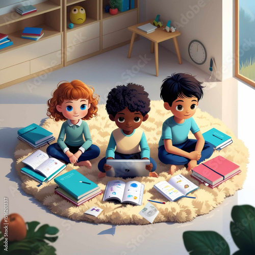 Vector of Students Learning from Home with Devices
