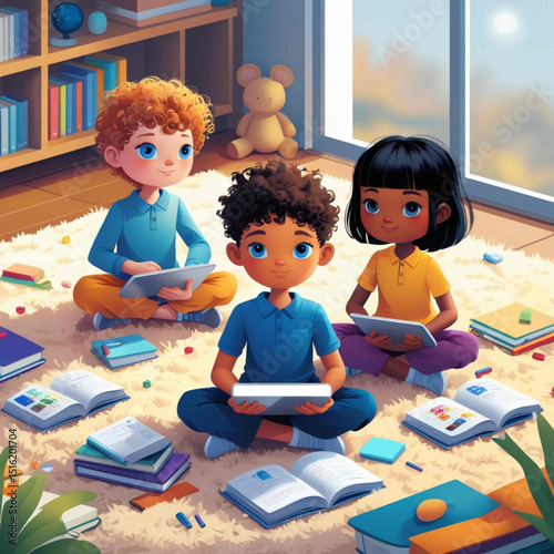 Kids Studying on Floor with Books and Tablet