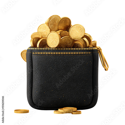 Abundance Of Golden Coins Overflowing From A Purse PNG Transparent Background Isolated
