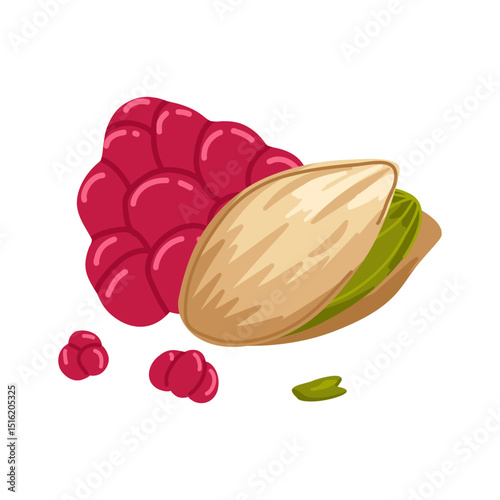 Pistachio and raspberry vector cartoon hand drawn composition with opened, crushed nuts kernel and berry for healthy food visuals, product design, dessert branding, menu, stickers, packaging