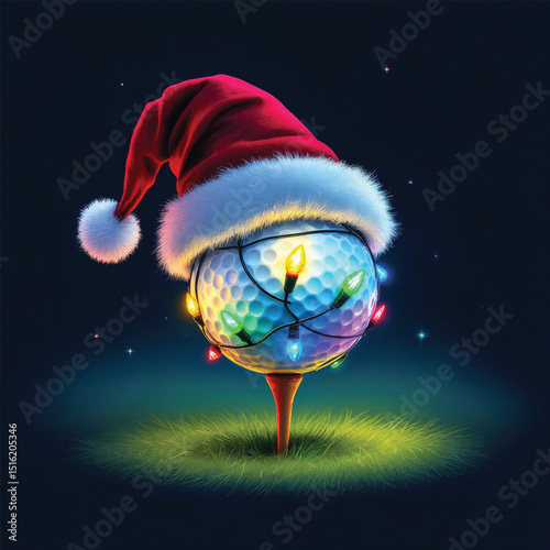 Festive golf ball wearing a santa hat and wrapped in christmas lights on a golf tee