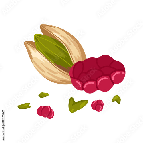 Pistachio and raspberry vector cartoon hand drawn composition with opened, crushed nuts kernel and berry for healthy food visuals, product design, dessert branding, menu, stickers, packaging