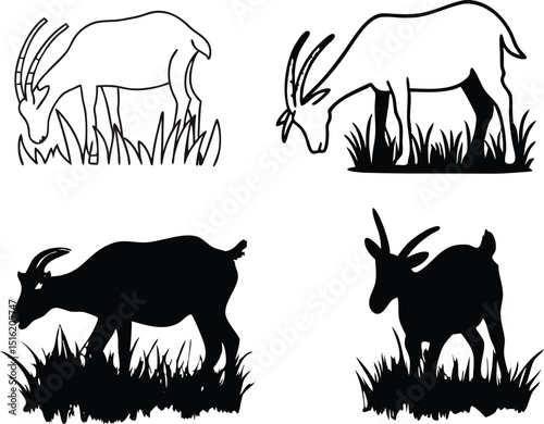 Goat Silhouette Grazing in Grass Vector, Farm Animal Clipart Illustration.
