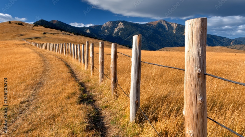 Fototapeta premium Scenic rural landscape with a wooden fence and golden fields under a blue sky