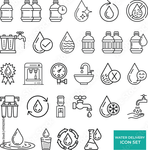 Clean and Minimalist Water Delivery Icon Set Featuring Bottles, Taps, and Filters