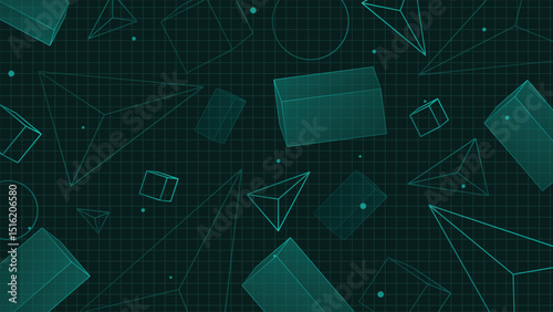 Futuristic geometric background featuring transparent 3D shapes and grid lines ideal for digital design science and tech concepts