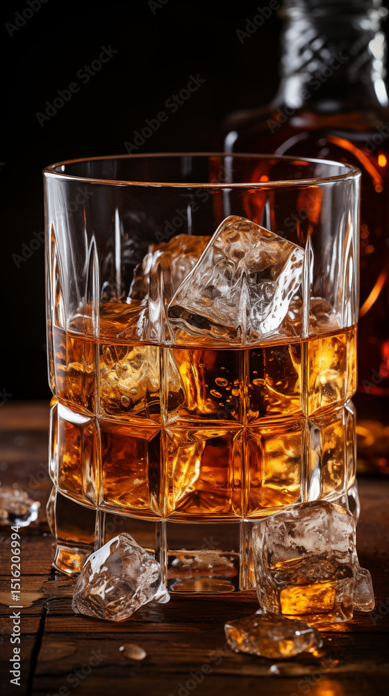 Illustration of a glass of whiskey with ice inside. Behind the glass is a bottle of whiskey. Illustration of a glass of whiskey with ice inside. Behind the glass is a bottle of whiskey.