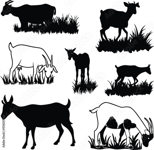 Goat Silhouette Grazing in Grass Vector, Farm Animal Clipart Illustration.