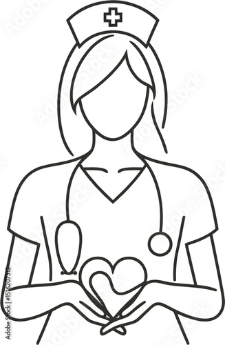 A nurse is shown holding a heart shape with hands stethoscope around neck wearing cap with cross