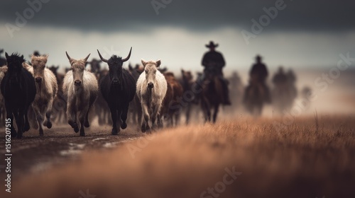 Cattle drive with cowboys herding cows in a hazy western landscape