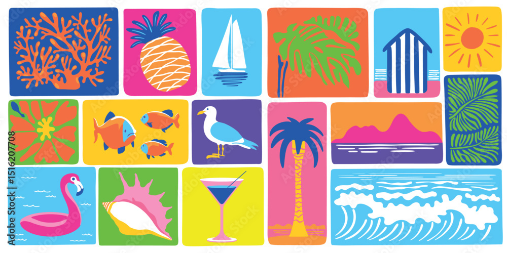 Naklejka premium Tropical season summer vacation handmade drawing vector picture collection with palms, sun, yacht, seagull, fishes, island, sea waves etc. Traditional patchwork style background illustration.