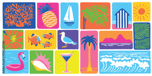 Tropical season summer vacation handmade drawing vector picture collection with palms, sun, yacht, seagull, fishes, island, sea waves etc. Traditional patchwork style background illustration. 