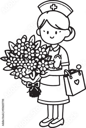 Cartoon nurse holding bouquet  bag w heart