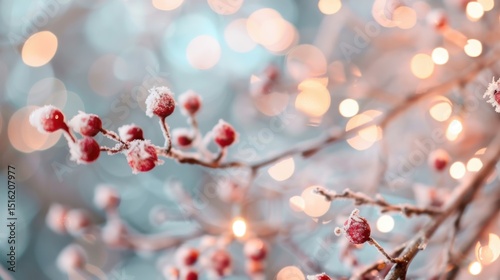 A beautiful composition of frosted berries adorned with soft, glowing lights in the background creates a magical winter wonderland feel, evoking a sense of warmth and nostalgia.