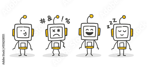 Stick Figure / Strichmännchen / Strichfiguren Robot: Roboter, KI, AI, Emotionen, lachen, verwirrt, schlafen, müde, Freude (Nr. 5)